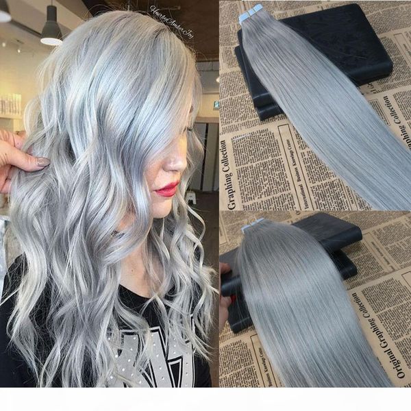 

tape in human hair extensions sliver color skin weft tape in extensions grey pu straight tape on hair extensions 100g 40pcs, Black