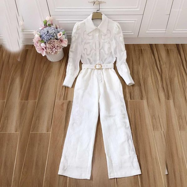 

women's jumpsuits & rompers runway designer embroidery woman high waist sashes summer whit jumpsuit turn-down collar long sleeve suits1, Black;white