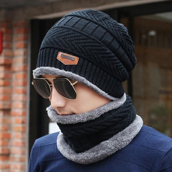 

men multifunction outdoor keep warm hat scarf set autumn winter two piece ski fashion windproof hiking soft knitting wool, Blue;gray