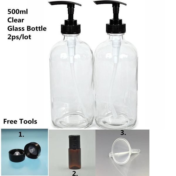 

storage bottles & jars 16-ounce clear glass w/pump dispensers (2-pack); refillable lotion liquid soap pump brown bpa-plastic