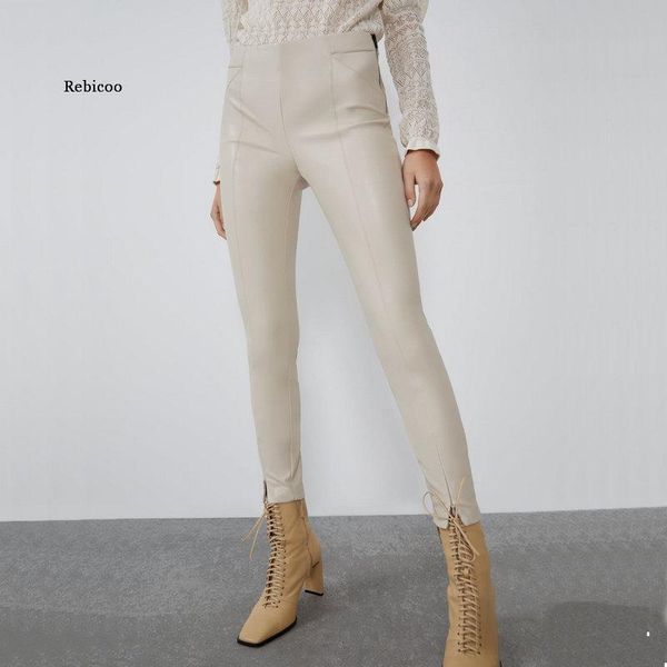 

fashion autumn winter women high wasit faux leather trousers lady black beige fleece pu zippers skinny stretch pencil pants, Black;white