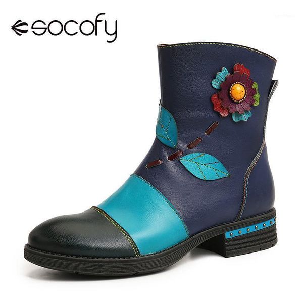 

socofy retro boots botas mujer floral genuine leather comfy splicing pattern zipper women boots elegant shoes women winter1, Black