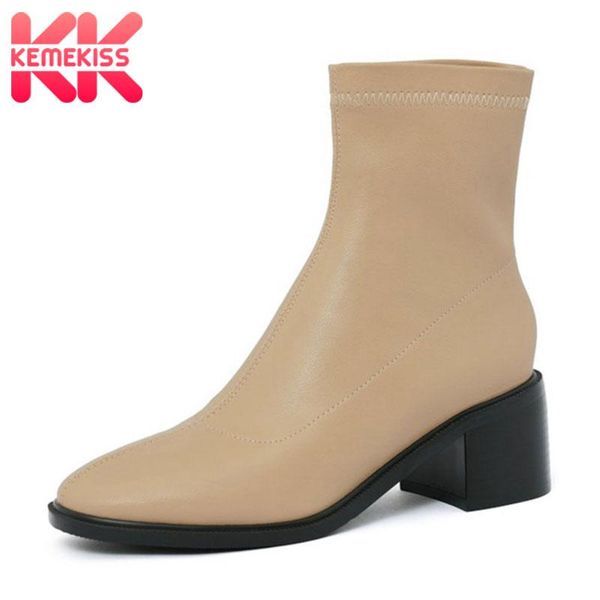 

boots kemekiss women fashion shoes square toe thick high heel sock slip on solid color female footwear size 32-46, Black