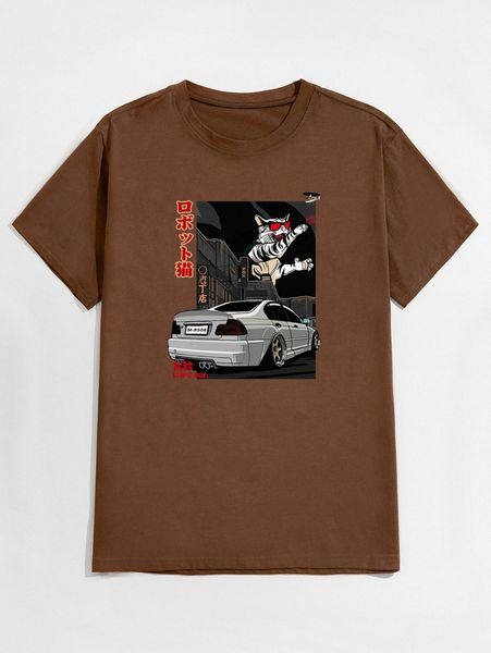 

romwe guys car & cat graphic tee b1zy#, White;black