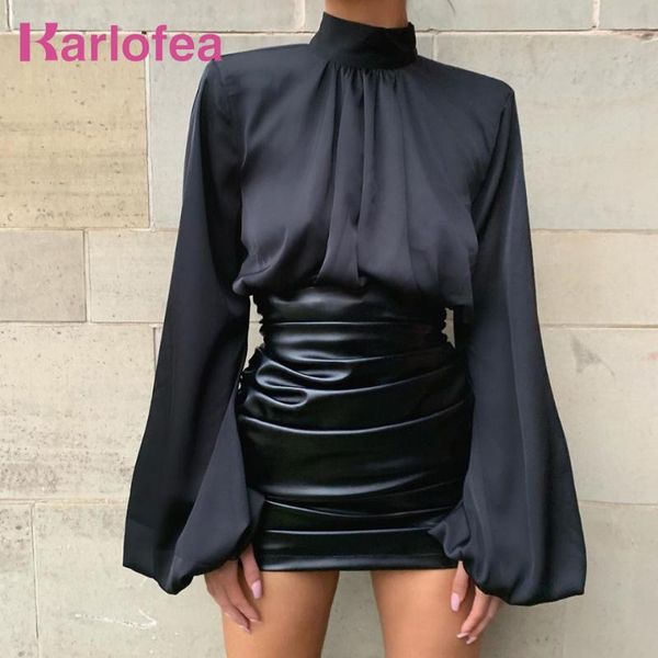 

karlofea spring elegant women sets silky crop blouse shirt and pu ruched mini skirt suit lady daily outfits suit lovely 2 piece, White