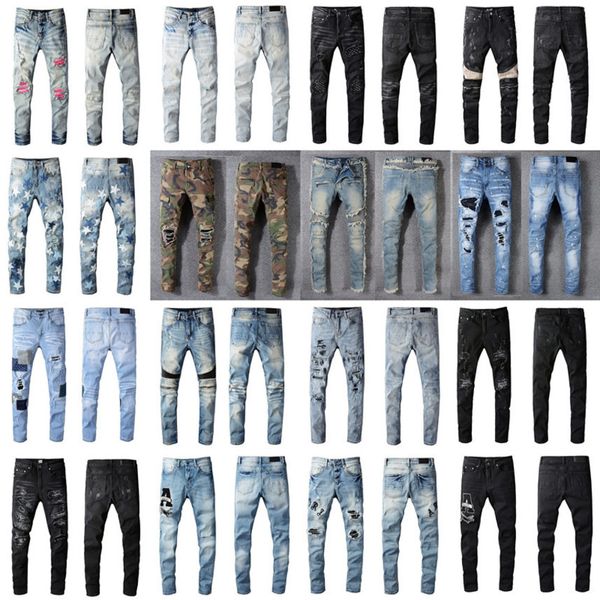 

jeans for men ny straight slim hip hop ripped black white rivet patchwork motorcycle biker jean size 28-40, Blue