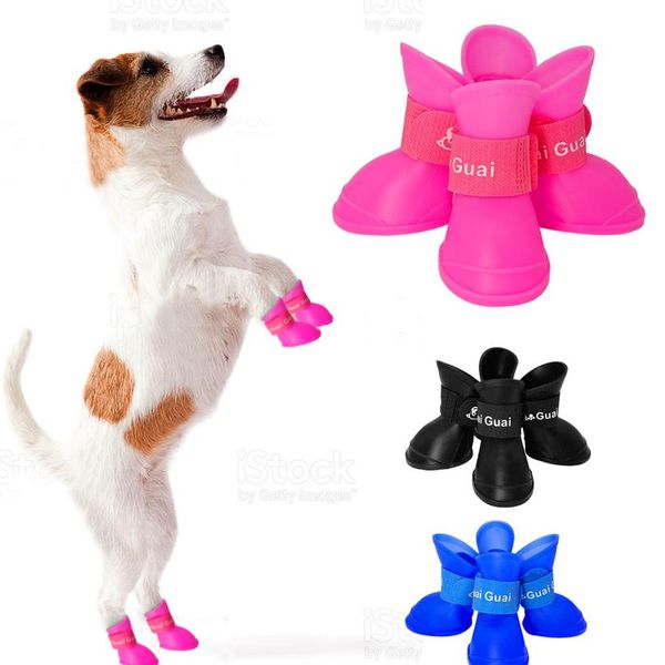 

4pcs waterproof pet dog shoes summer anti-slip rubber rain boots protective for small cats dogs candy color puppy socks wmtien