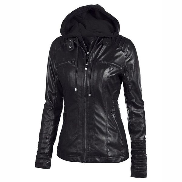 

women casual full-zip o neck long zipper sleeve spring, autumn synthetic leather solid hooded jacket, Black
