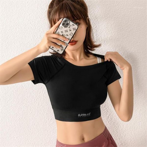 

yoga outfits crop t shirt women fitness breathable quick-dry gym running workout sport tee femme1, White;red
