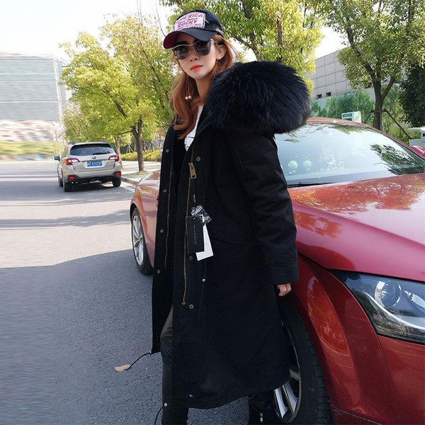 

women's fur & faux winter natural real collar park jacket detachable 2021, Black