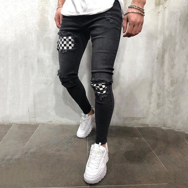 

fashion men's jeans lattice patchwork denim pants casual skinny jeans men clothing slim trousers pants for men1, Blue