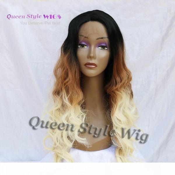 

synthetic lace front wig, three tone color ombre style black root brown caramel to blonde color heat resistant hair lace wigs