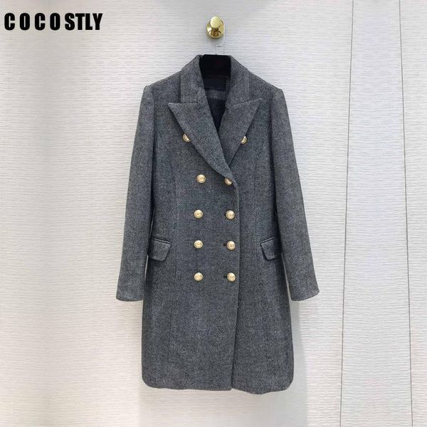 

new autumn winter coat women wool notched double breasted stripes casual slim wool coat female long grey coats manteau femme1, Black