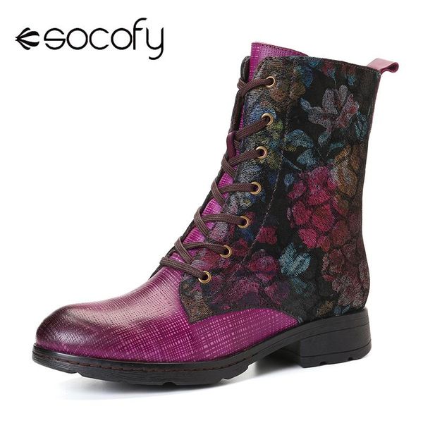 

socofy retro painting texture colorful abstractionism pattern zipper women leather boots shoes women shoes botas mujer 2020, Black