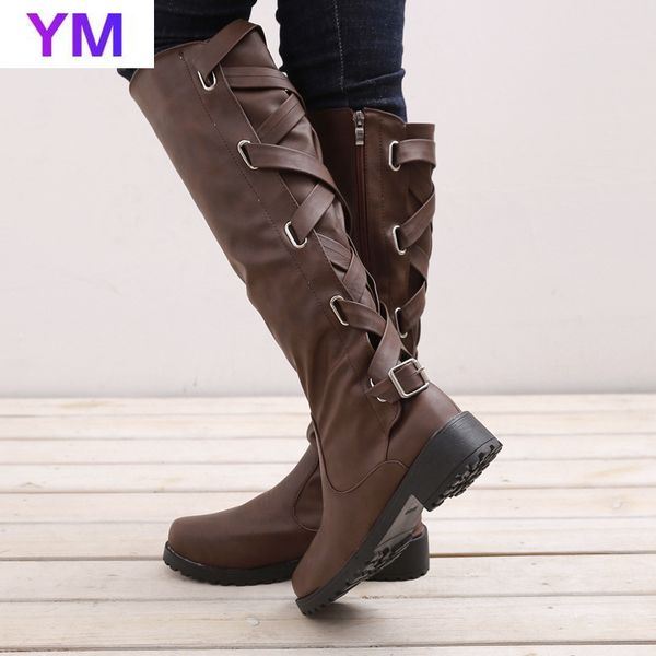 

зима новый стиль езда сапоги зимы женщин стороны молнии открытый boots mid толстый каблук круглый toe сплошной цвет после cross-связанный, Black