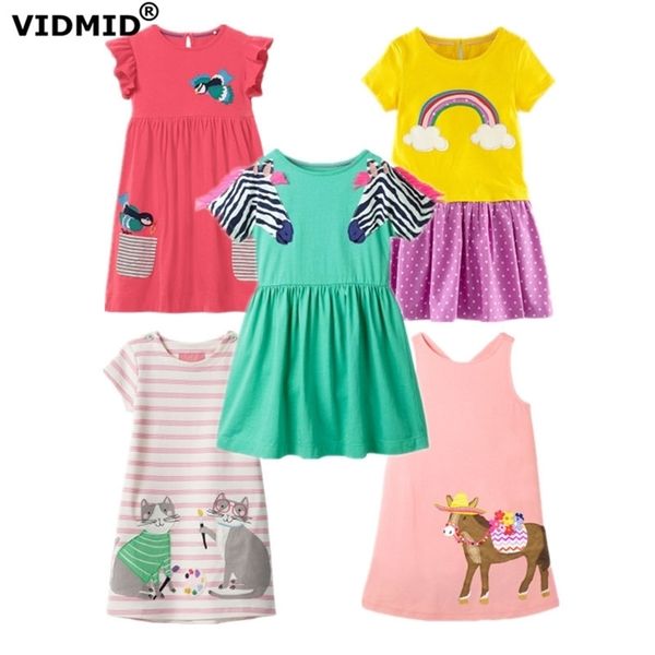 Vidmid baby meninas vestidos de manga curta meninas roupas de algodão vestidos casuais crianças gatos arco-íris vestidos listrados lj200923