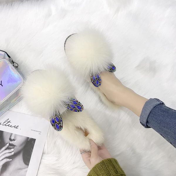 

slippers woman autumn 2020 wear fashionable shoes fur diamond flat-bottomed cotton slippers fur slides, Black