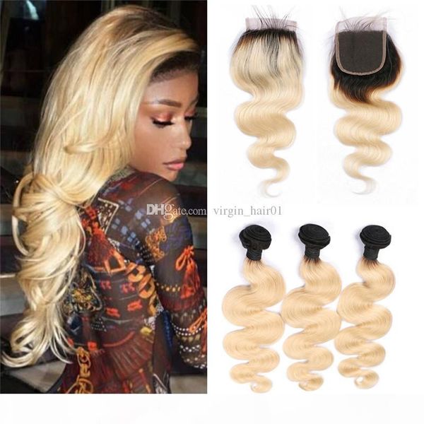 

virgin brazilian body wave ombre 3 bundles with closure #1b 613 body wave hair weaves with closure dark roots blonde hair with closure, Black;brown