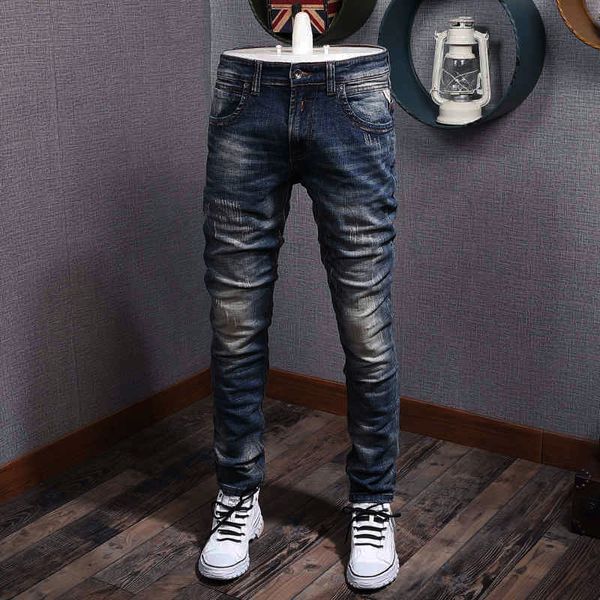 

2021 new italian style fashion men jeans retro dark blue slim fit ripped denim pants vintage designer elastic trousers homme ad