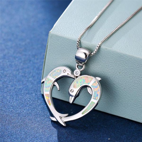 

boho female big dolphin heart pendants necklaces silver color wedding necklaces for women blue white fire opal necklace