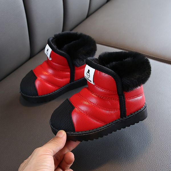 

waterproof winter baby outdoor girls boys children snow warm non-slip kids plush boots infant cotton shoes, Black;red