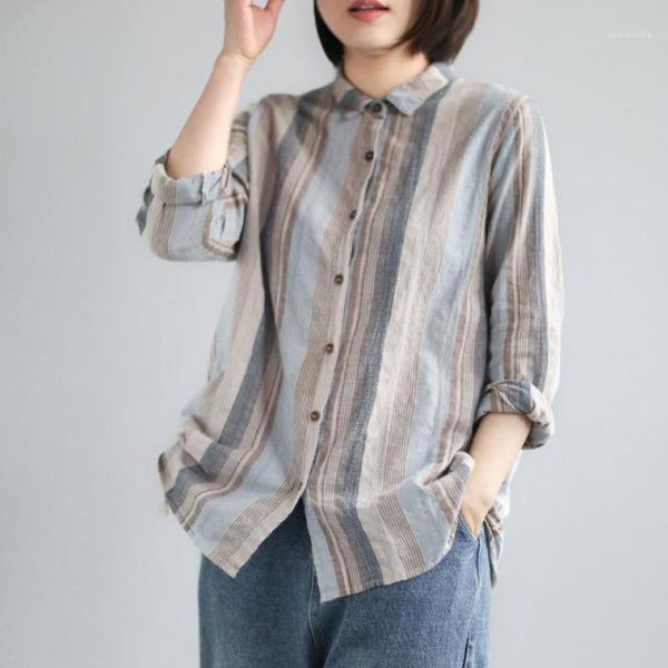 

johnature new vintage cotton linen striped turn-down collar female cardigan shirt 2020 autumn simple long sleeve women shirts1, White