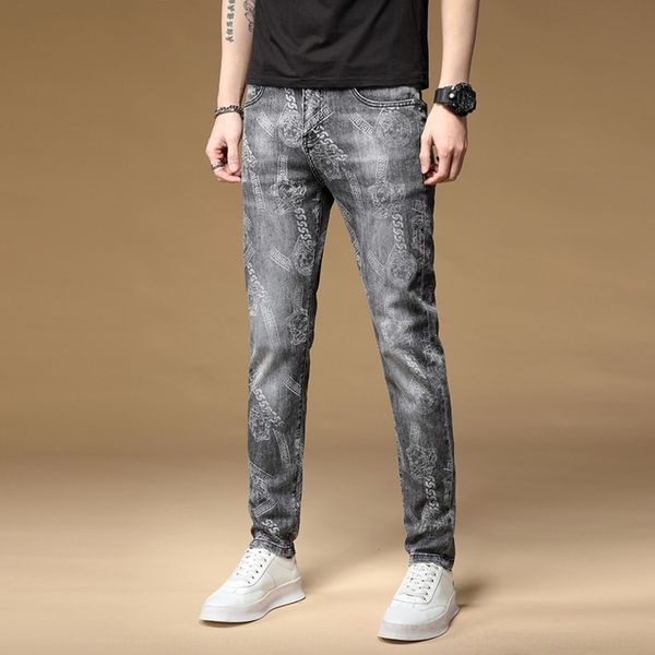 

nkvyp feet brand high-end laser printing for pattern men's slim-fit micro fashion printing and jeans elastic jeans personalized men at0, Blue