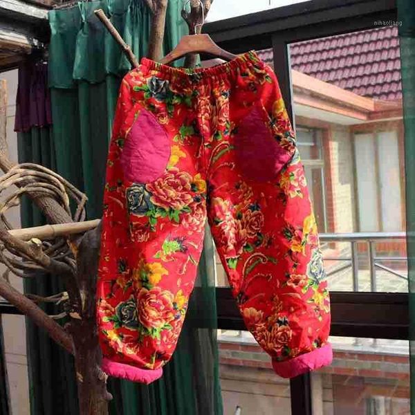 

johnature 2020 new original women cotton trouser cross-pants loose elastic waist plus size thick warm print floral long pants1, Black;white