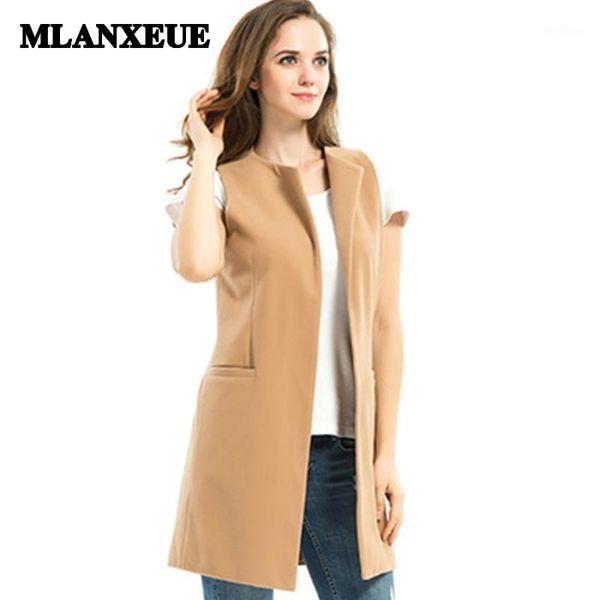 

women's vests solid plus size no-button pockets slim long coats women turn-down collar thin casual office lady1, Black;white
