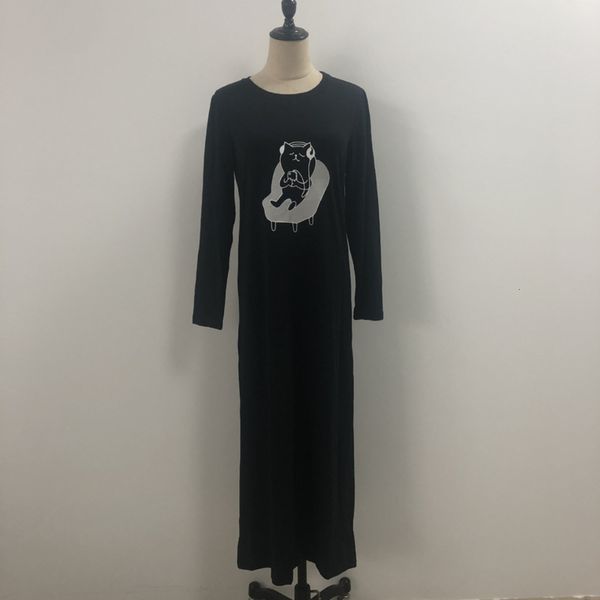 

autumn t-shirt print mid long skirt 2020 guangzhou knitted dress, Black;gray