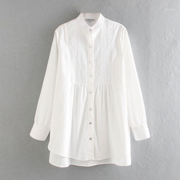 

2020 summer women white pleated blouses shirts long sleeve 100% cotton poplin female fashion street shirt smock clothes1