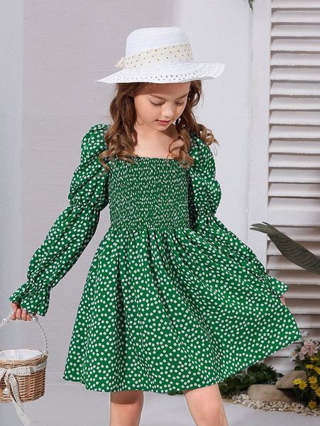 

girls ditsy floral gather sleeve dress she, Red;yellow
