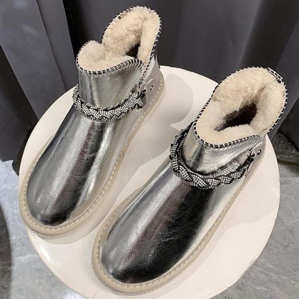 

natural ankle boots shoes women short snow boots waterproof leather warm flat winter crystal zapatos de mujer, Black