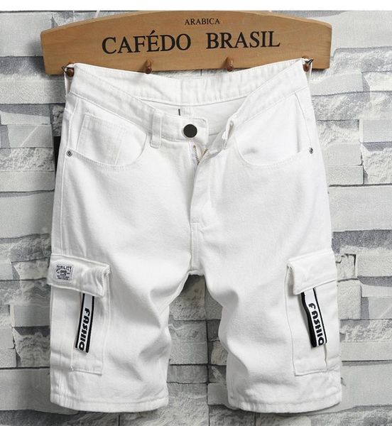 

men streetwear denim shorts white slim short jeans men cotton stretch jean shorts straight knee length jeans size381, Blue