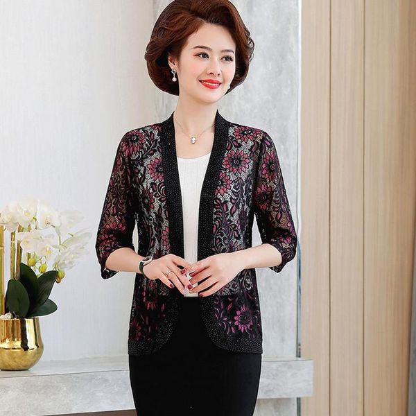 

lace cardigan women open stitch shirts summer outer drape sunscreen middle age mother thin coats, Black;brown