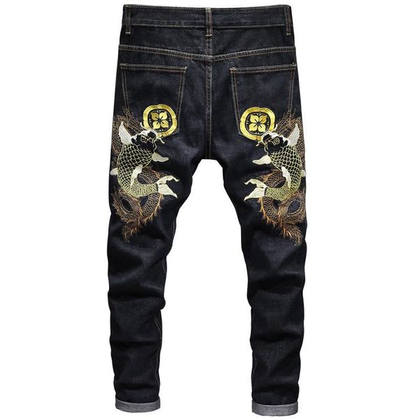 

fish carp embroidered jeans men streetwear fashion denim pants jogger casual embroidered trousers male, Blue