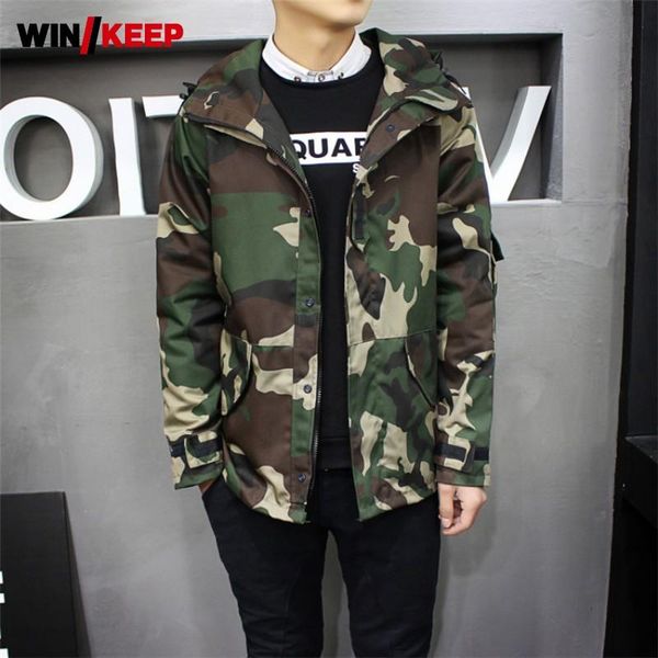 

autumn men camouflage trench coat street loose hooded jacket single breasted multi-pocket preppy style cargo jacket male s-3xl, Blue;black