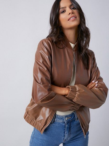 

zipper placket pu bomber jacket h8g2#, Black;brown