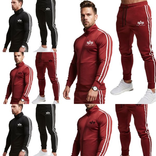 

2020 new autumn and spring sportswear striped jacket + pants 2 piece set casual men's suit male, Black