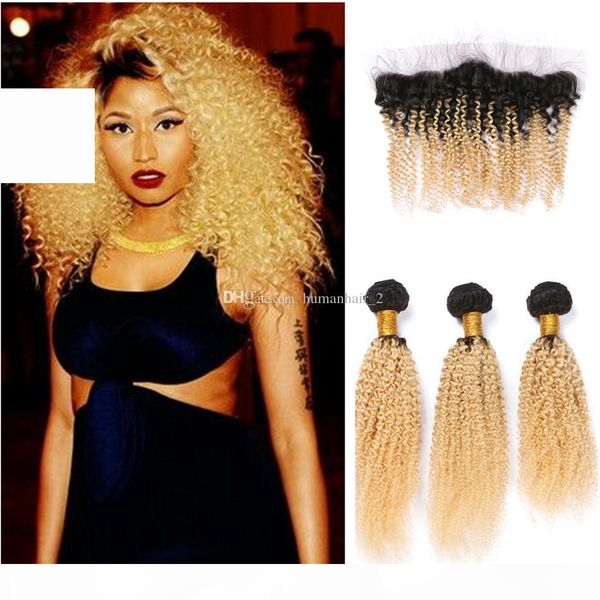 

afro kinky 1b 613 lace frontal with bundles blonde afro kinky hair bundles 3pcs with lace frontal closure two tone hair weave 4pcs, Black;brown