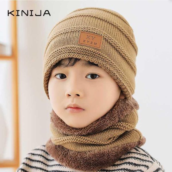 

winter children hat+scarf set plush thick wool hat outdoor ski knitted cap boy windproof warm ear protection beanies skullcap