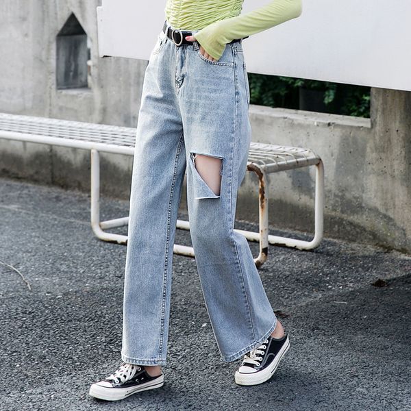 

2019 new thin material big rotten hole drop feeling wide leg jeans women's summer wear loose mop high waist pants, Blue