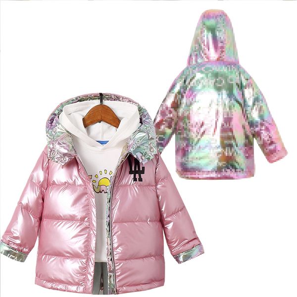 Носить обеих сторон мальчики пальто зимняя куртка дети вниз пальто соревнований розовый синий серебряный куртку с капюшоном парку девочки вниз пальто LJ201125