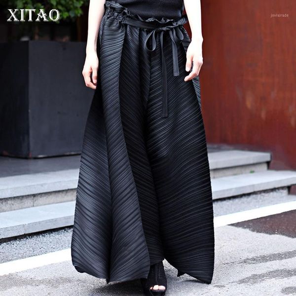 

women's pants & capris xitao bandage black wide leg fashion women elastic waist pleated loose fan casual style minority zp19561, Black;white