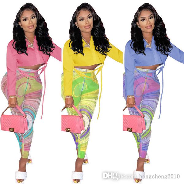 

2022 womens two piece pants outfits spring fashion long sleeve shirt and colorful printed leggings casual sets designer clothing, White