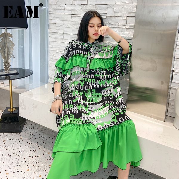 

[eam] women printed ruffles big size long dress new lapel three-quarter sleeve loose fit fashion tide spring summer 2020 1u199 y200805, Black;pink