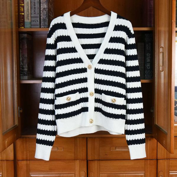 

fragrant early spring 2021 new v-neck sweater women's blue and white stripe sequin decorative versatile wool knitting top, White;black