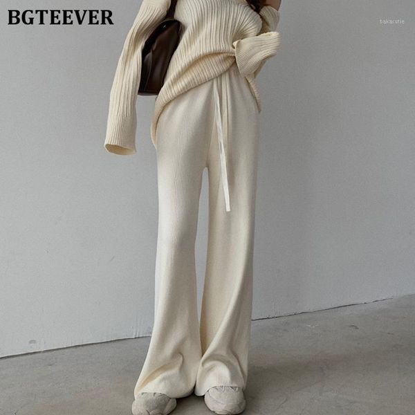 

bgteever high waist lace-up women floor-length knitted pants casual loose female thicken wide leg pants winter sweater trousers1, Black;white