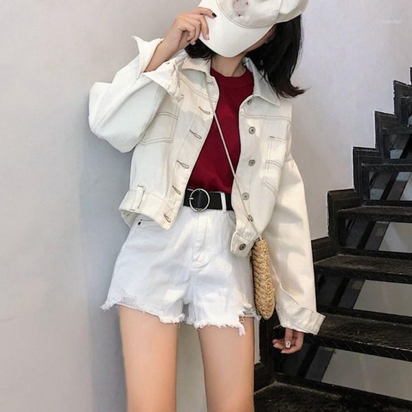 

2019 autumn korean casual loose white short jacket streetwear pocket long sleeve coat preppy 3 colors denim outerwear1, Black;brown