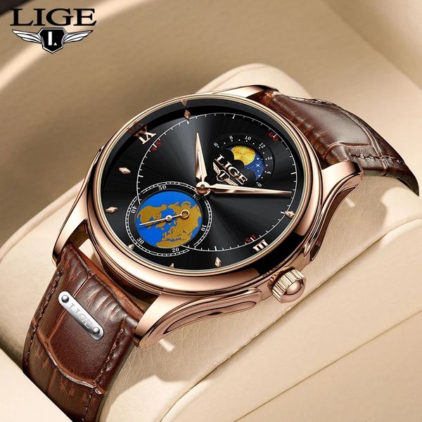 

reloj hombre lige fashion leather mens watches brand luxury quartz gold watch for men sport waterproof 24 moon phase clock, Silver